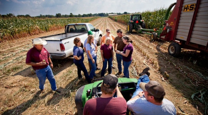 Students working with equipment in the fields